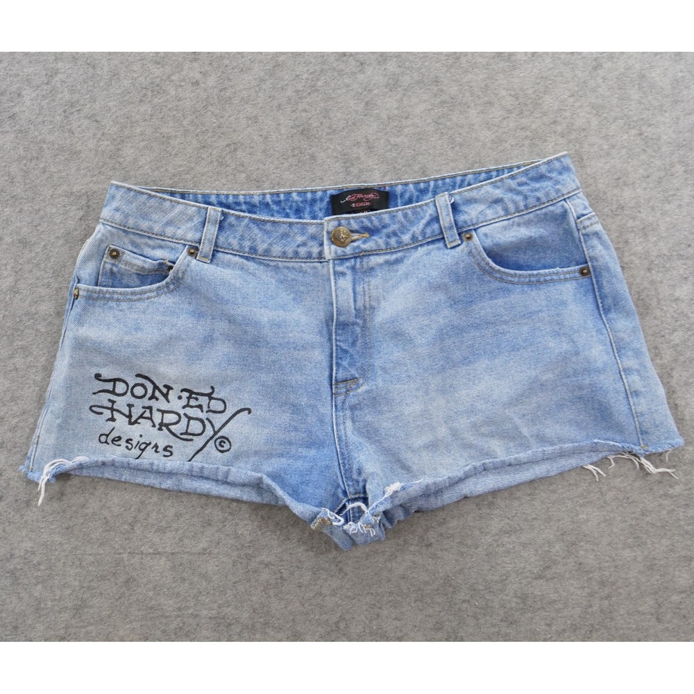 Ed Hardy Womens Denim Shorts 30 Blue Cutoff Jean Shorts Born Free Graphic Y2K